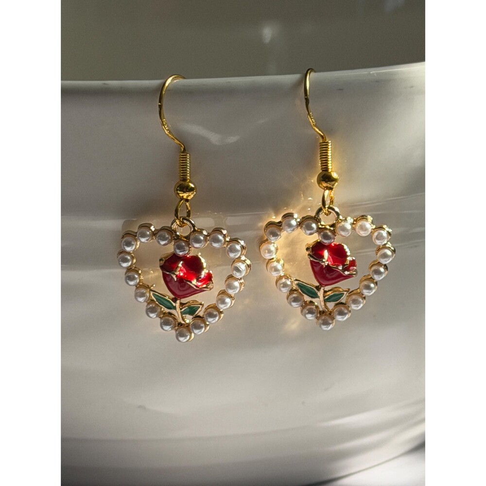 Pearl Heart Earrings, Red Rose, Gold Vintage Jewelry